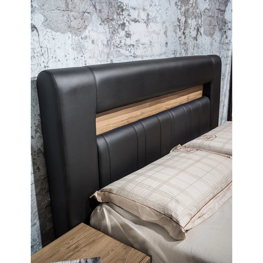 Dormitor MOZART, stejar & negru, pat 160x200 cm, dulap cu 2 usi, 2